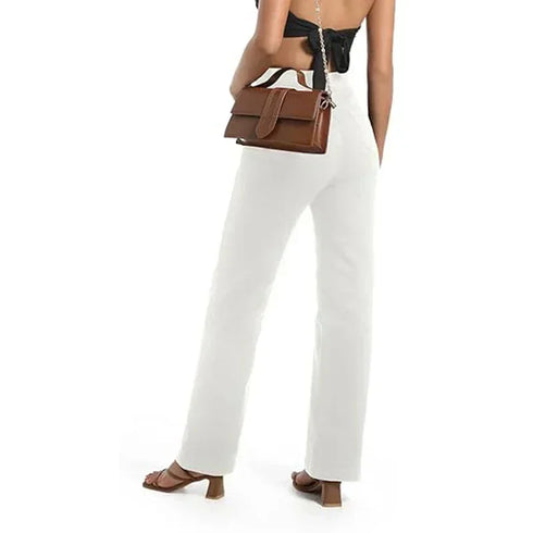 High Waist Straight Leg Jeans in White Beige