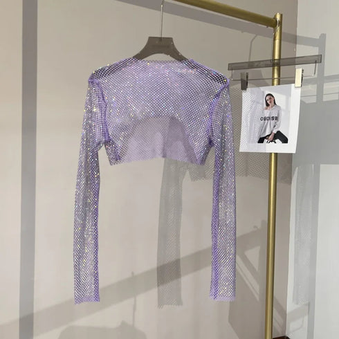 Hollow Out Rhinestone Long Sleeve Crop Top