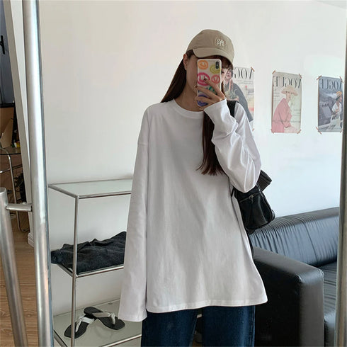 Oversized Long Sleeve O-Neck T-Shirt in Black and White