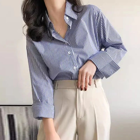 2026 Classic Striped Woman Spring Autumn Blouses Shirt Lady Long Lantern Sleeve Stand Collar Loose Blusas Tops