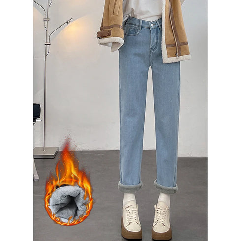High Waist Vintage Fleece Jeans for Women