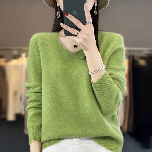 100% Merino Wool V-Neck Pullover Sweater for Women