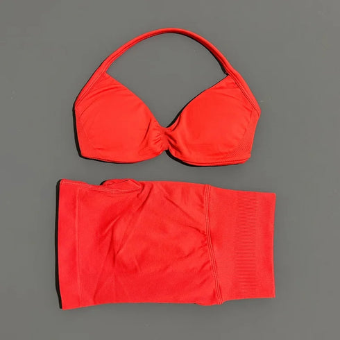 HISTELLO Women's Seamless Yoga Set with Strappy Bra and Shorts