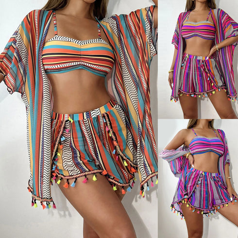 4-Piece High Waisted Bikini Set with Kimono
