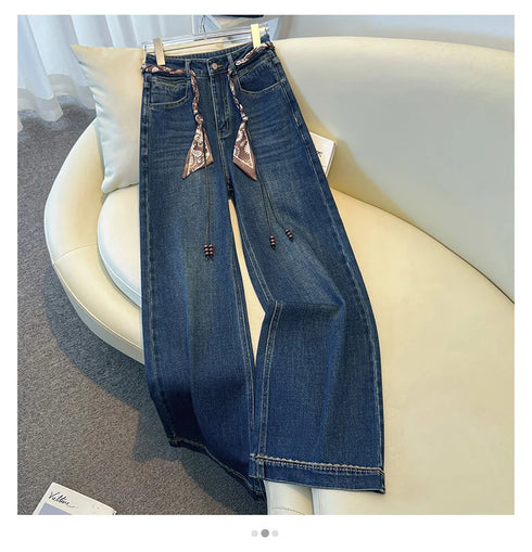 Wide Leg Denim Jeans with Scarf Belt
