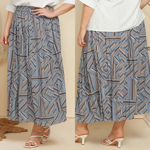 Plus Size Geometric Print Pleated Skirt - Ankle Length
