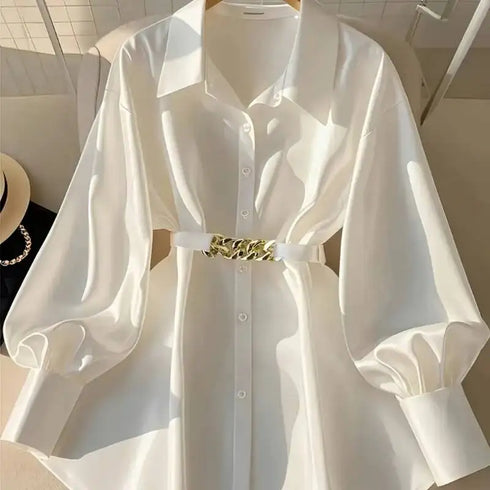 French-Inspired Cinched Waist Blouse in White