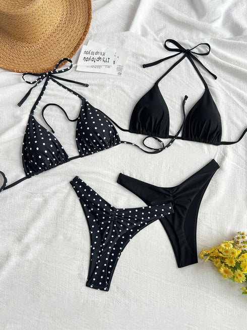 Four Piece Black and White Dotted Bikini Set