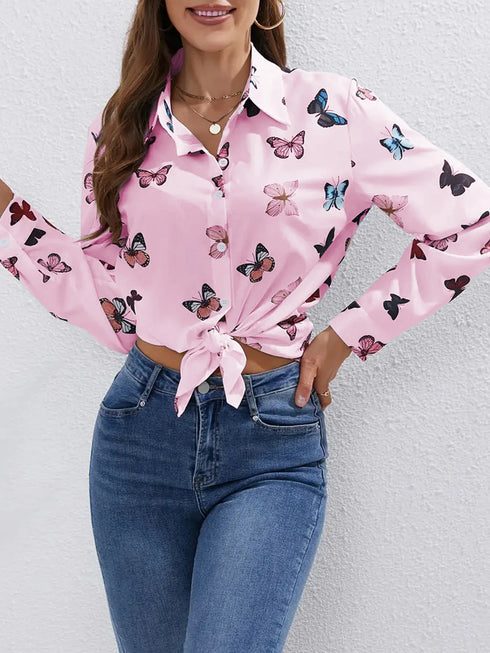 Women's Long-Sleeved Butterfly Print Loose Shirt