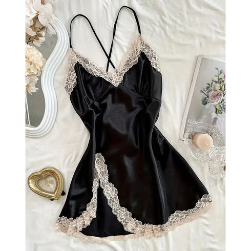 Lace Trim Satin Nightgown in Black