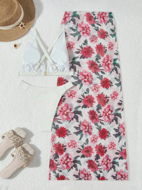 Floral Three-Piece Bikini Set