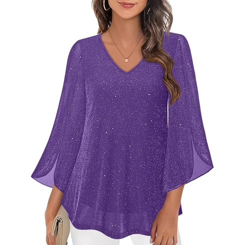 Plus Size V-Neck Casual Ruffle Edge 3/4 Sleeve Top