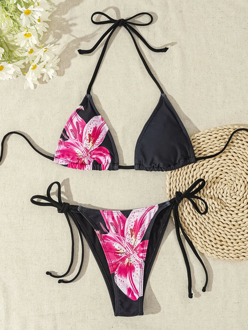 Floral Print Triangle Bikini Set with Brazilian Bottoms