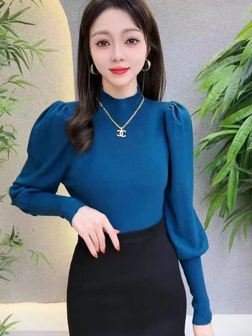 Slim Fit Turtleneck Sweater with Puff Sleeves