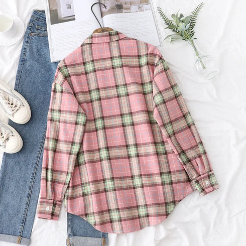 Loose Fit Cotton Plaid Shirt for Women