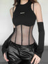 Black Mesh Patchwork Bodysuit for Women