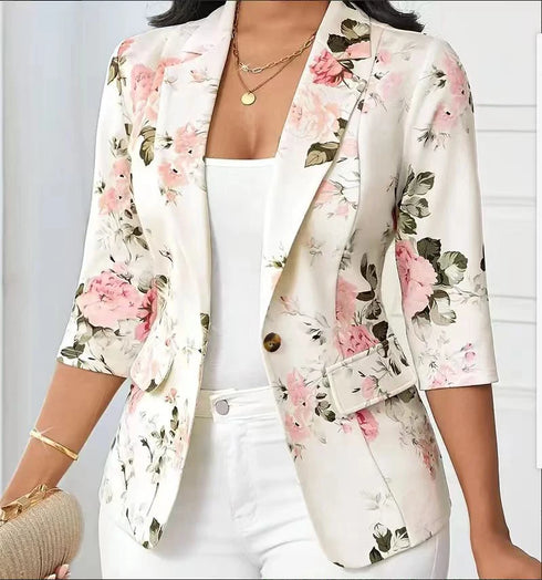 Floral Printed Autumn Blazer with Three Quarter Sleeves