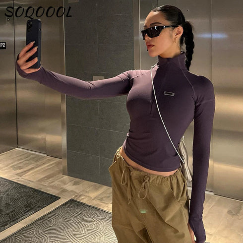 Y2K Long Sleeve Zip Crop Top for Women