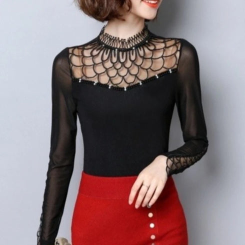 Elegant Hollow Out Lace Long Sleeve Blouse
