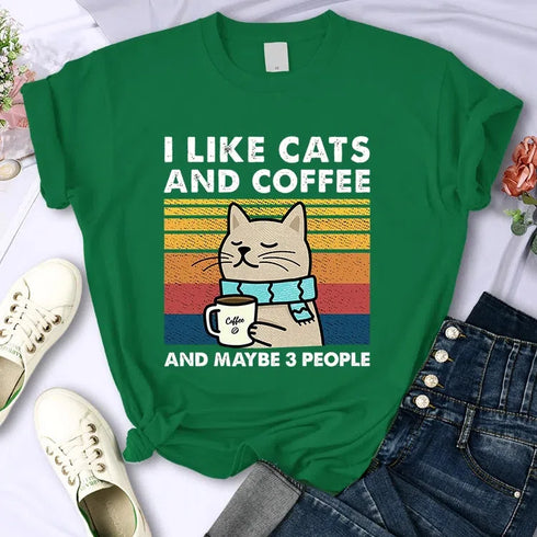 Cute Cat & Coffee Graphic Tee for Women