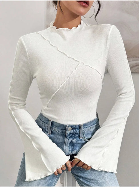 Long Sleeve Flared Sleeve Top with Round Neck
