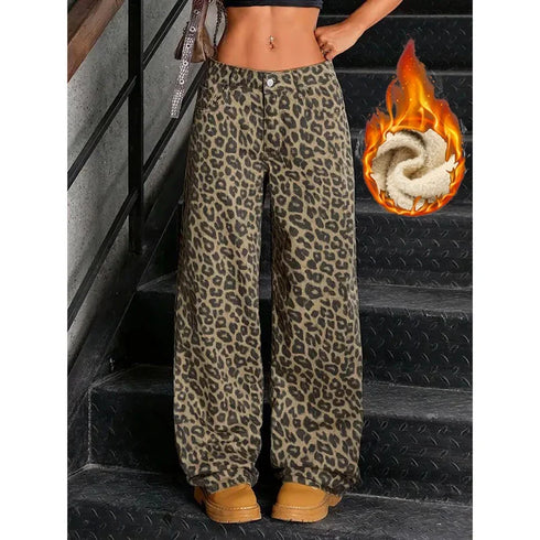 Slim Fit Leopard Print Thermal Jeans for Women
