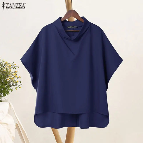 2025 ZANZEA Stylish Office Shirt Women Blouse Chic Pile Collar Half Sleeve Solid Tops Female OL Work Blusas Mujer Loose Chemise