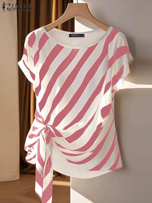 Korean Striped Short Sleeve Blouse for Women