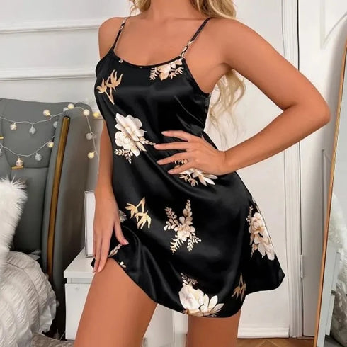 Floral Print Silk Nightdress for Women