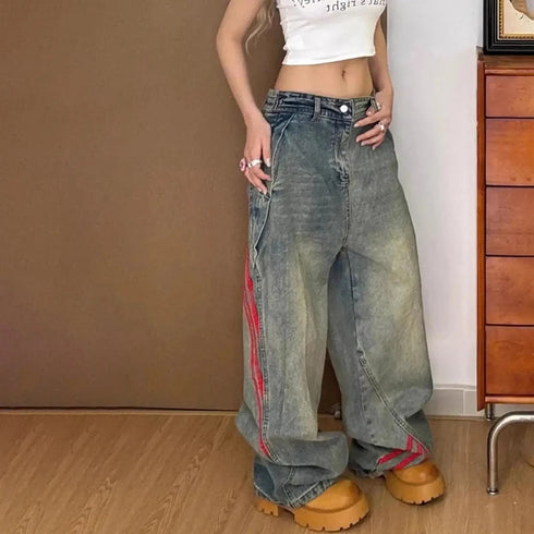 Korean Style Women's Wide Leg Jeans with Side Stripes