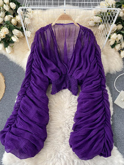 Elegant V-Neck Puff Sleeve Chiffon Blouse