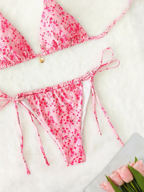 Floral Print Triangle Bikini Set with Brazilian Bottoms