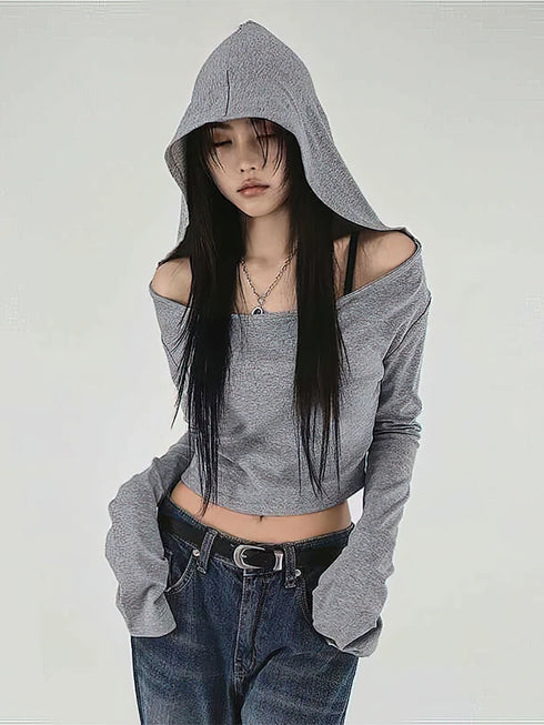 Y2K Grey Cropped Hoodie with Flare Sleeves
