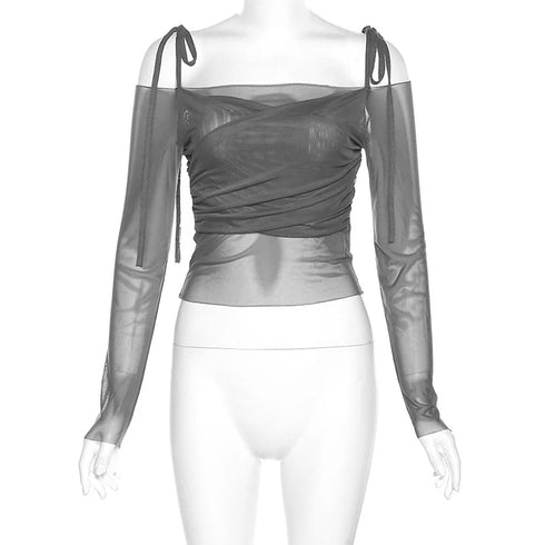 Women's Y2K Streetwear Solid Slash Neck Crop Top Sexy Off-Shoulder Long Sleeve Slim Mesh Tee Straps T-Shirt