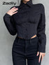 Zadily Long Sleeve Button-Up Crop Top in Black