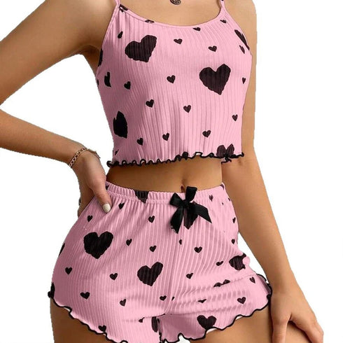 Heart Women Pajamas Set Shorts Sleepwear Love Print Top