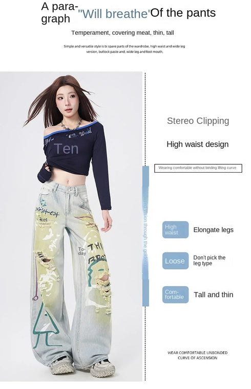Trendy Y2K Vintage Wide Leg Jeans with Artistic Print