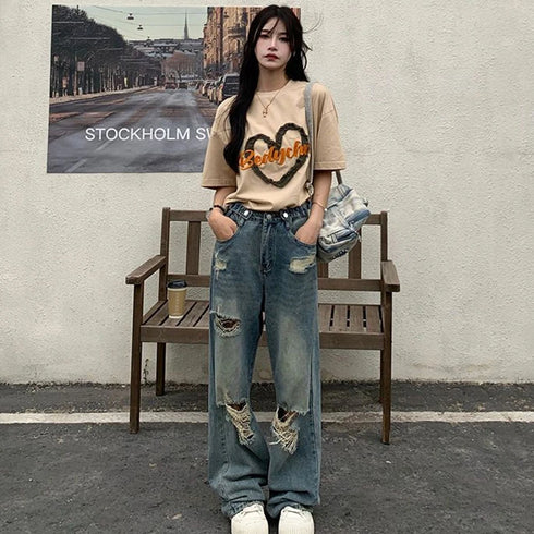 High Waist Wide Leg Denim Jeans with Hole Detail