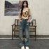 High Waist Wide Leg Denim Jeans with Hole Detail