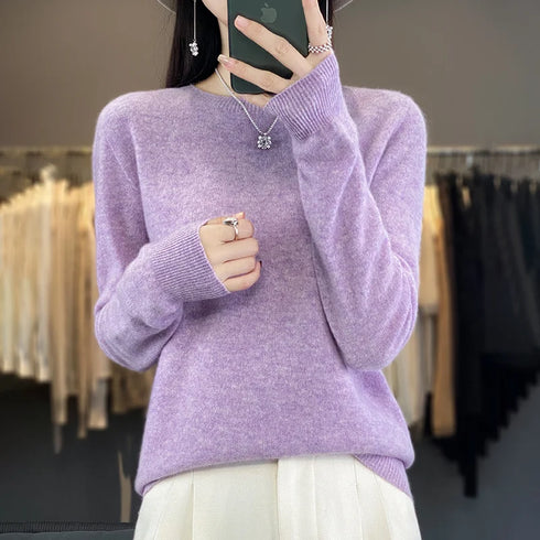 Women 100% Pure Merino Wool O-Neck Sweater