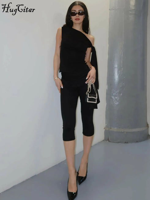Women’s One Shoulder Sleeveless Top & Knee-Length Pants Set