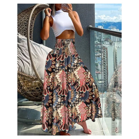 Floral Print Bohemian High Waist Skirt for Women