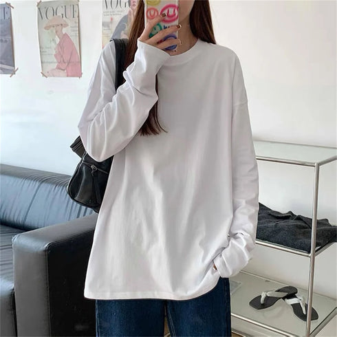 Oversized Long Sleeve O-Neck T-Shirt in Black and White