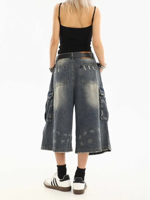 High Waist Vintage Blue Denim Cargo Pants