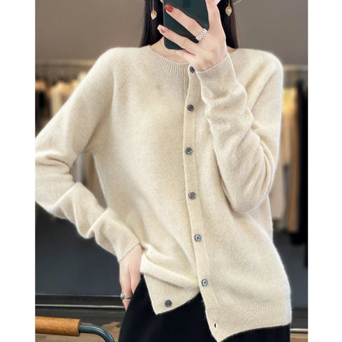 100% Pure Merino Cashmere O-Neck Cardigan for Women