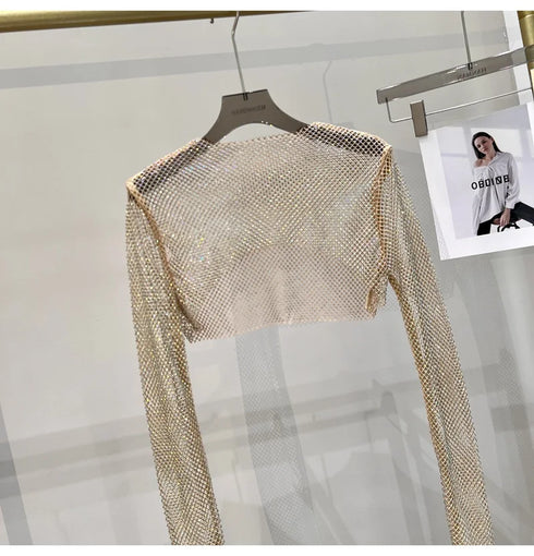 Hollow Out Rhinestone Long Sleeve Crop Top