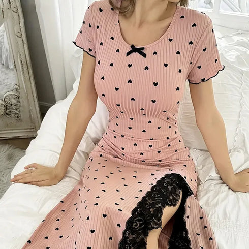 Heart Print Bodycon Midi Nightgown with Lace Slit