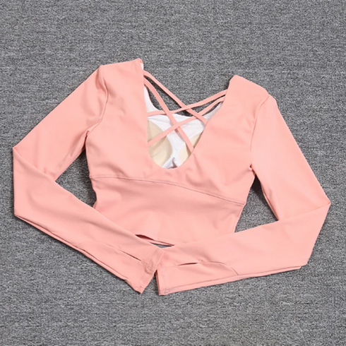Women's hollow-out back with a built-in bra, long-sleeved yoga top, quick-drying, one-piece bra, pil training fitness suit.