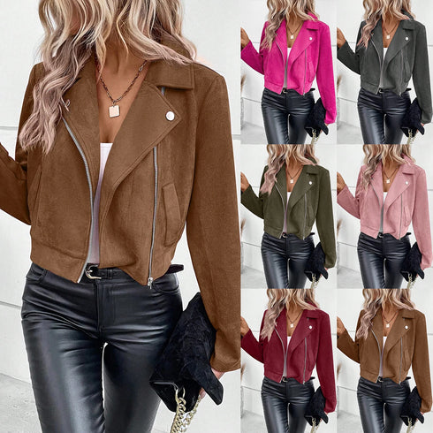 Faux Suede Biker Jacket with Zipper Detail