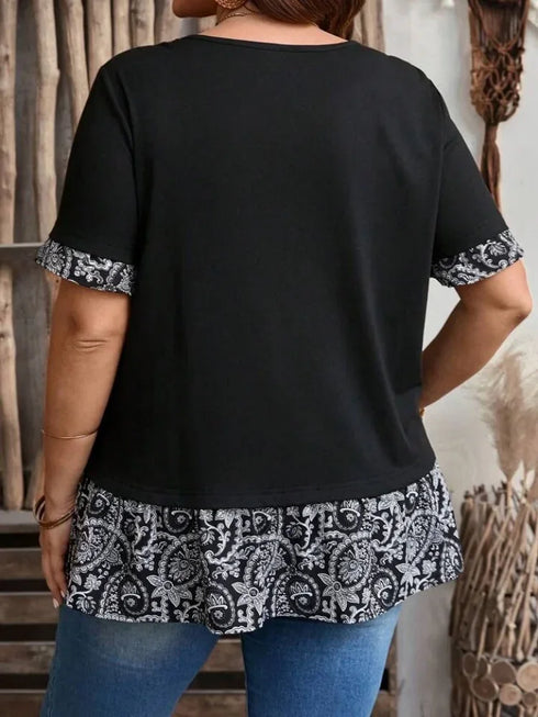 Plus Size Floral Print Short Sleeve Blouse